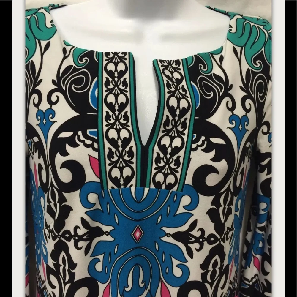 LAUNDRY SHELLI SEGAL Dress Knit Boho Scarf Peasant Shift Geometric Split V Neck